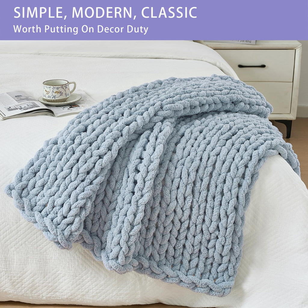 Chunky Knit Throw Blanket for Couch, 40x40 inches, Fog Blue