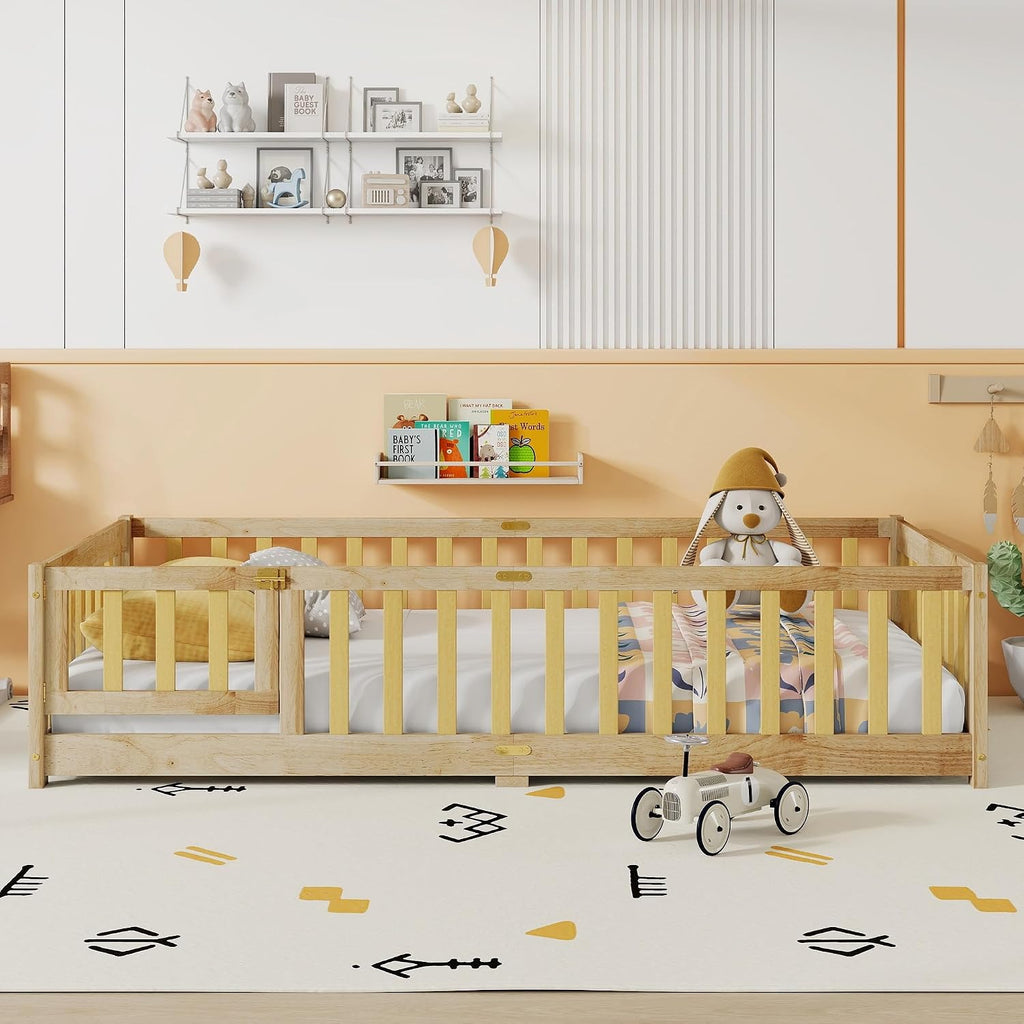Montessori Floor Bed with Slats and Door, Solid Wood Floor Bed Frame with High Rails, Low Wooden Kids Beds