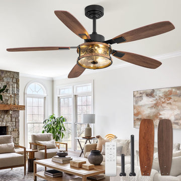52" Rustic Ceiling Fan with Light and Remote, 6-Speed, Walnut