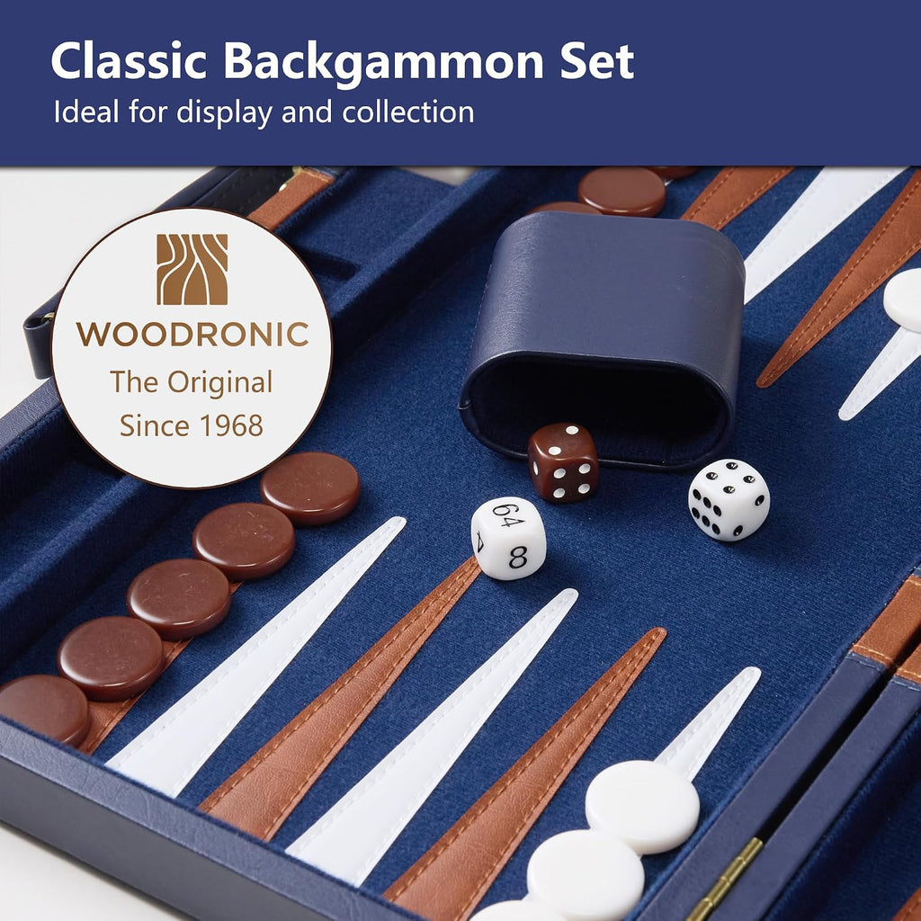 15 inch Backgammon Sets for Adults - Classic Board Game with Premium Sea Blue Leather Case - Travel Backgammon Set - Set of 32