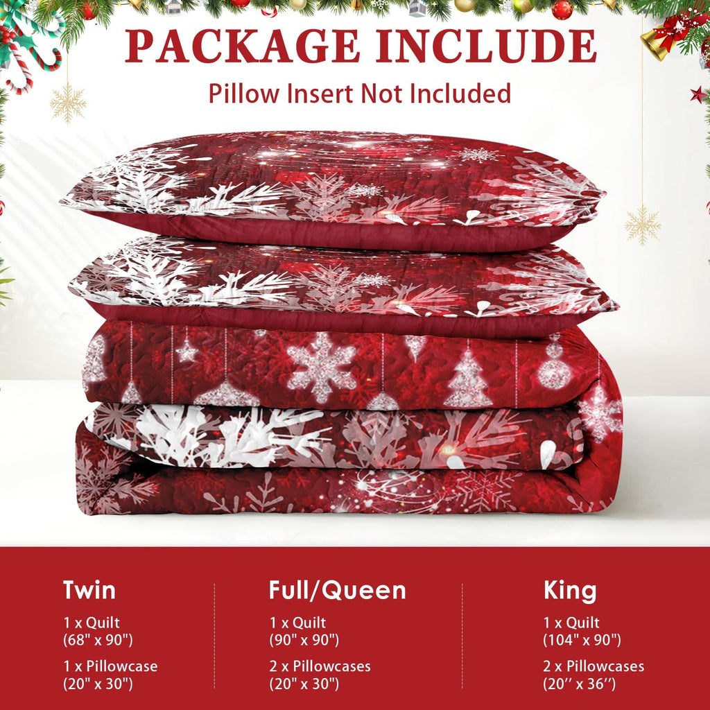 King Christmas Quilt Set, 3 Piece Red Glitter Bedding, Bedspreads