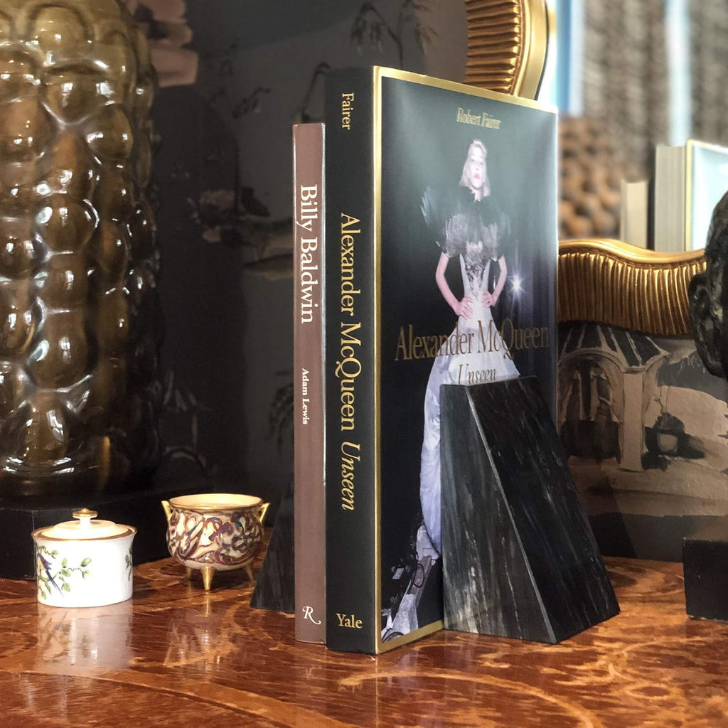 Natural Polished Marble Bookends, Black, Set of 2 Heavy Book Ends | 100% Beautiful Natural Marble Decorative Bookends
