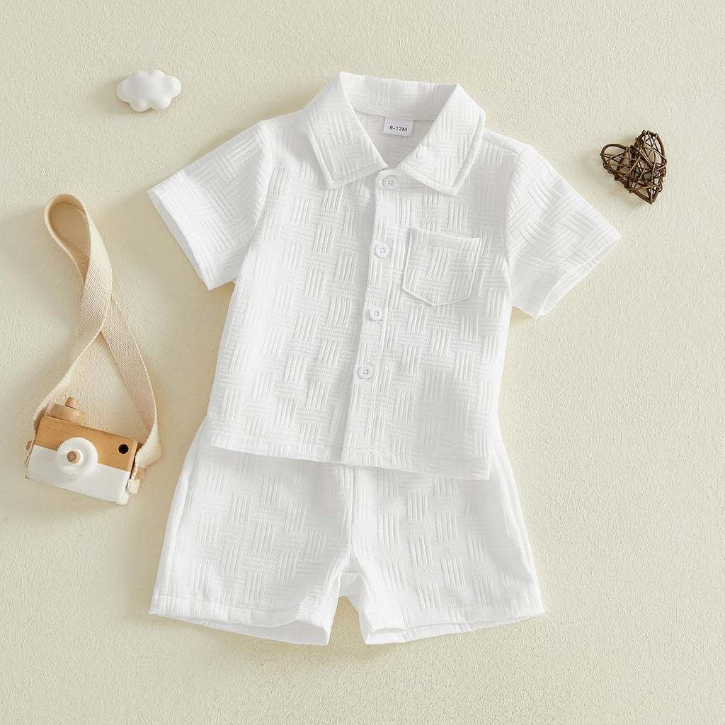 Toddler Boy Outfit Button Down Shirt Short Sleeve Tops Elastic Waist Shorts Solid Baby Clothes Summer Outfits