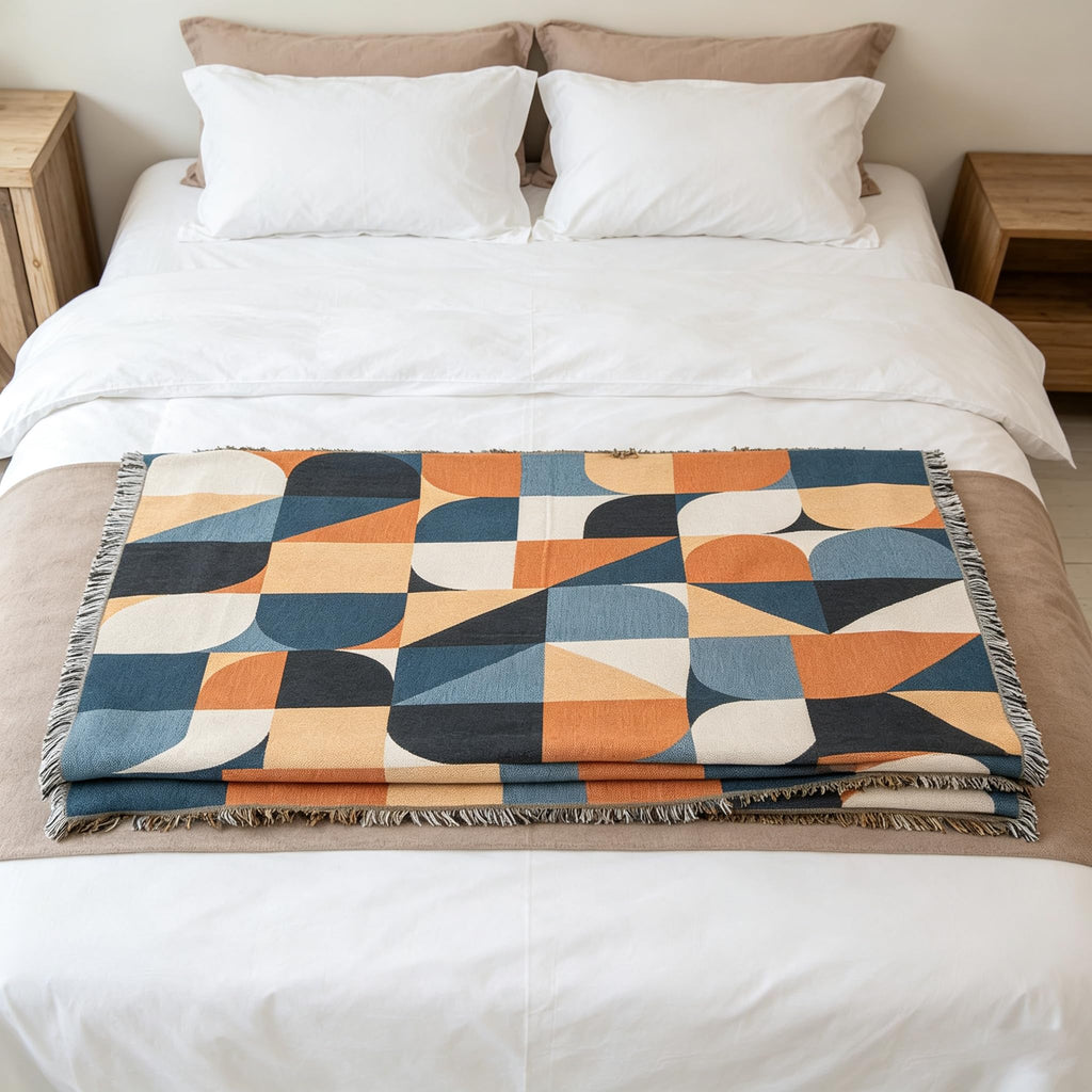 Beige Bohemian Sofa Throw Blankets Ethnic Woven Boho Geometric Multicolor Blue and Orange Throw Blanket for Couch