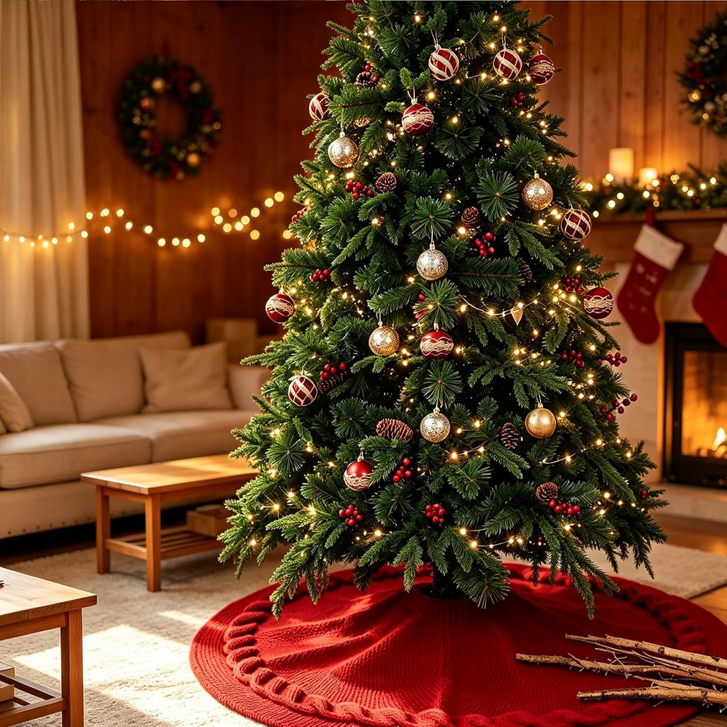 48 Inch Knitted Christmas Tree Skirt, Maroon Burgundy Red Versatile Holiday Decoration for Living Rooms, Weddings