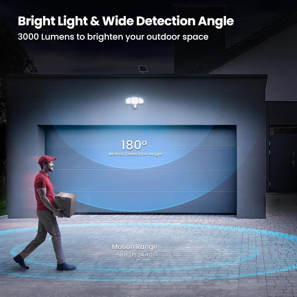 Outdoor LED Triple Head Solar Security Flood Lights with Motion Sensor, Dusk-to-Dawn Sensor, 3000 Lumens Floodlight