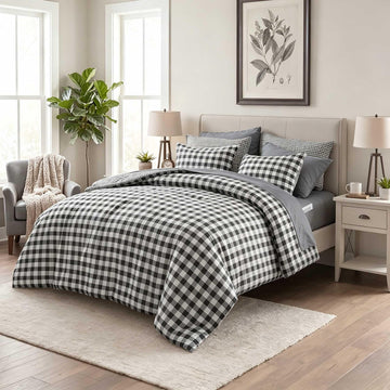 Gingham Comforter Set-Bed in A Bag 9 Pieces Bedding Set with Reversible Plaid Design, Warm & Cozy Bed Set