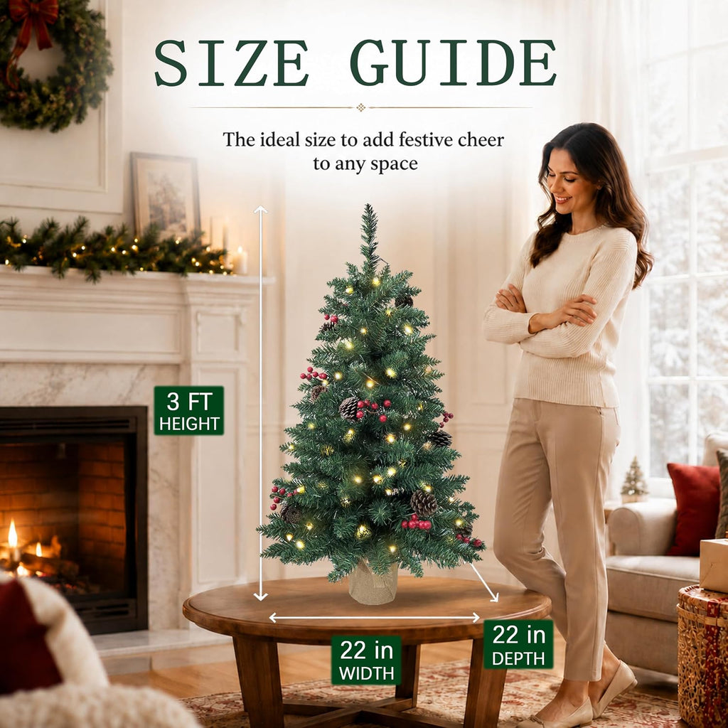 3ft Pre-Lit Artificial Mini Christmas Tree, Battery Operated Xmas Tree