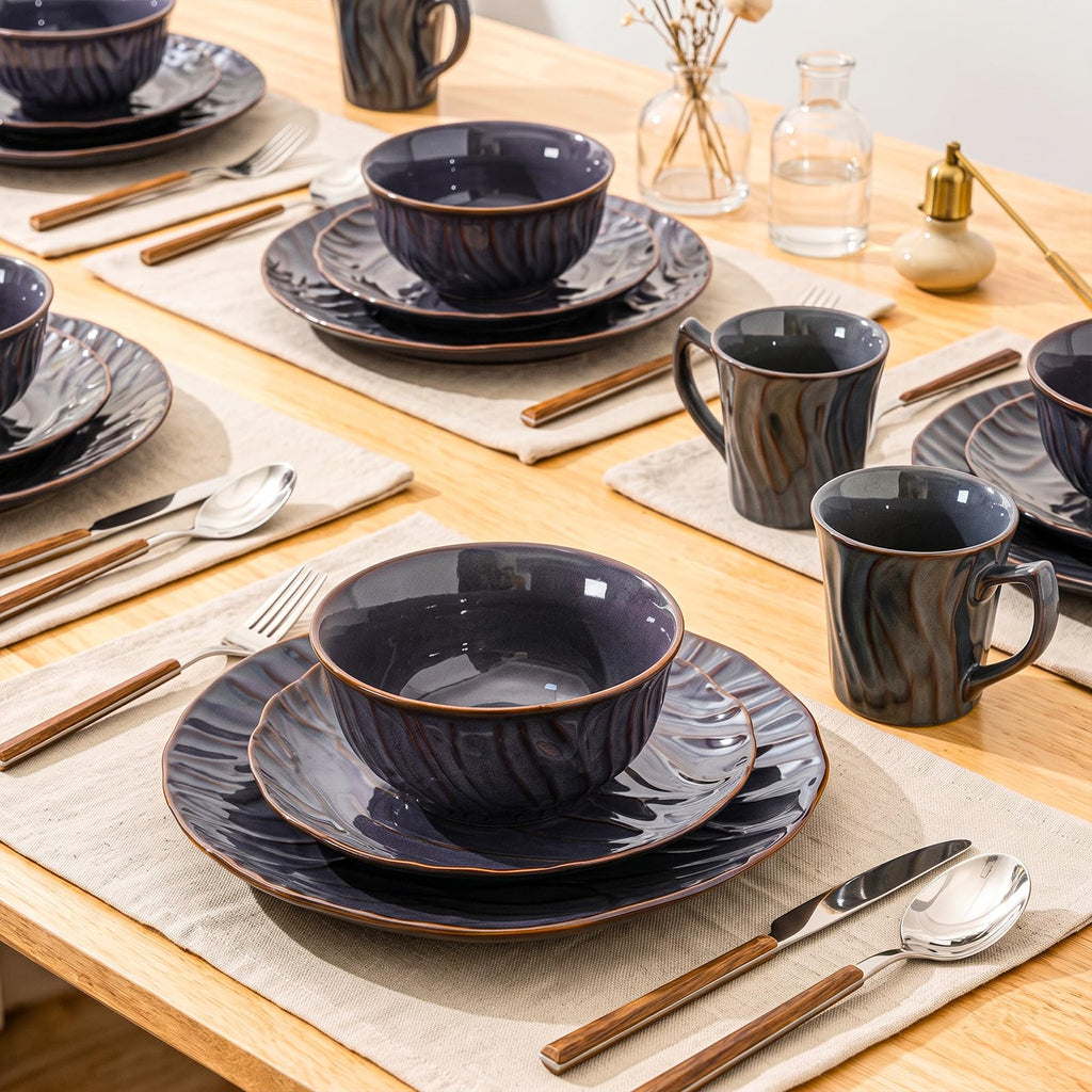 Ceramic Dinnerware Sets for 4, 16pcs Plates and Bowls Sets, Reactive Glaze Ceramic Dish Set, Scratch Resistant