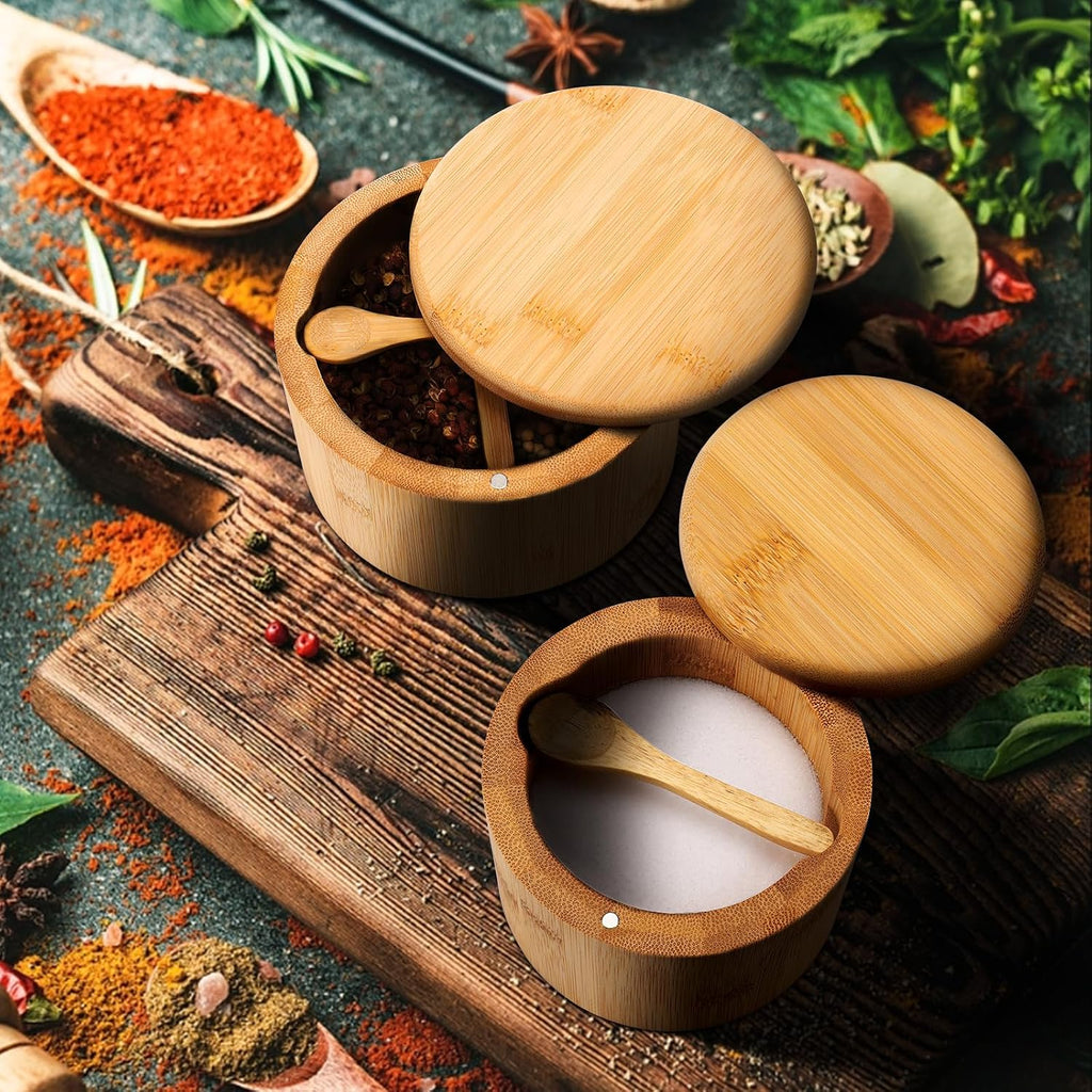 Natural bamboo Salt and Pepper Bowl, Bamboo Salt Cellar and Spices Storage Box With Built-in Spoon and Magnetic