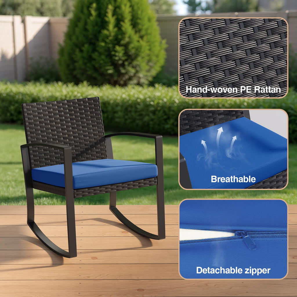 3 Piece Patio Bistro Set Patio Furniture Set Outdoor Wicker Rocking Furniture Conversation Set with Tempered Glass