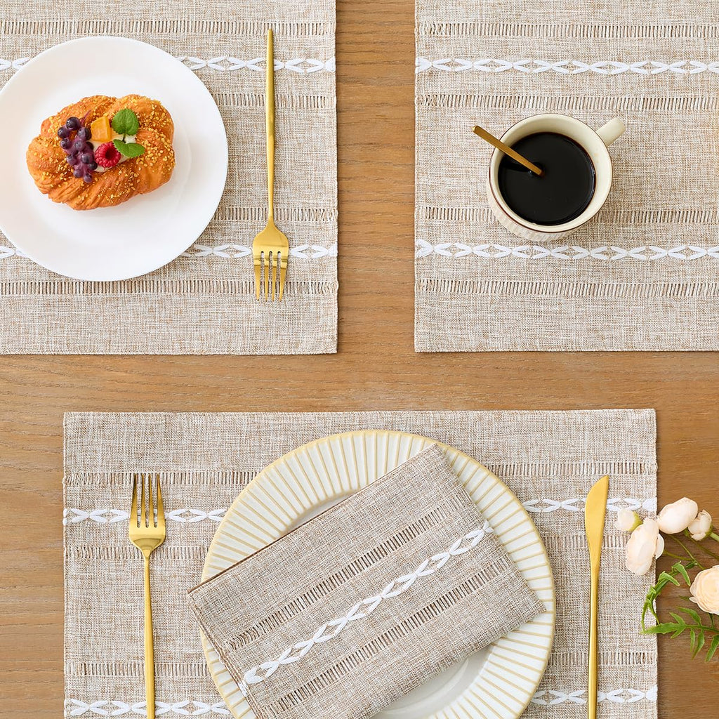 Linen Place Mats, Brown Embroidered Placemats Set of 4