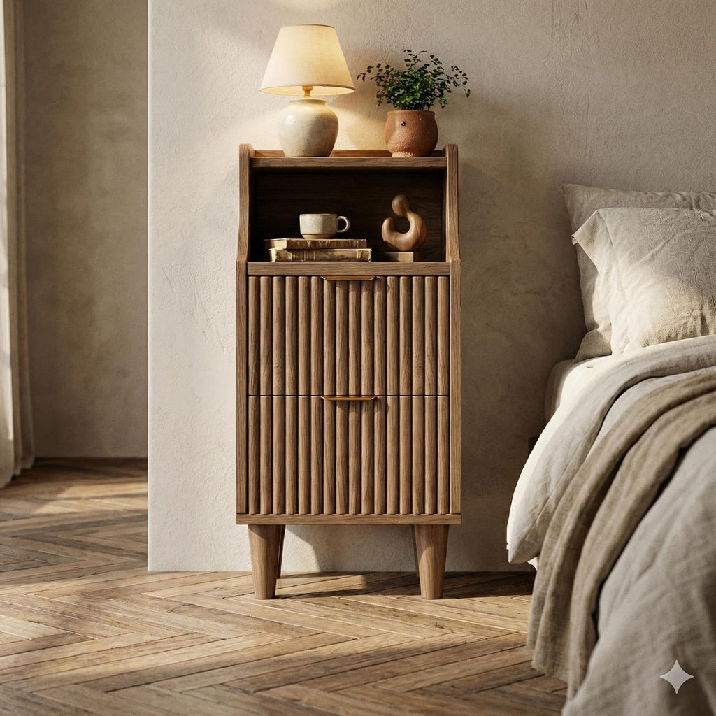 11.8" Narrow Fluted Nightstand Set of 2,Slim Side End Table with 2 Drawers,Mid-Century Modern Bedside Table,Skinny