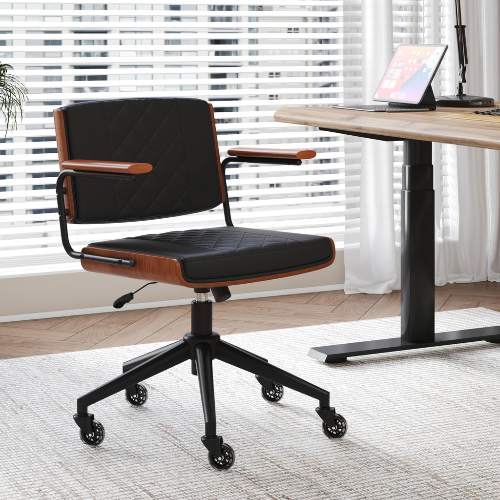 Mid-Century Modern Office Chair with Rubber Wheels & Walnut Arms - PU Leather Mid-Back Desk Chair, Bentwood Backrest