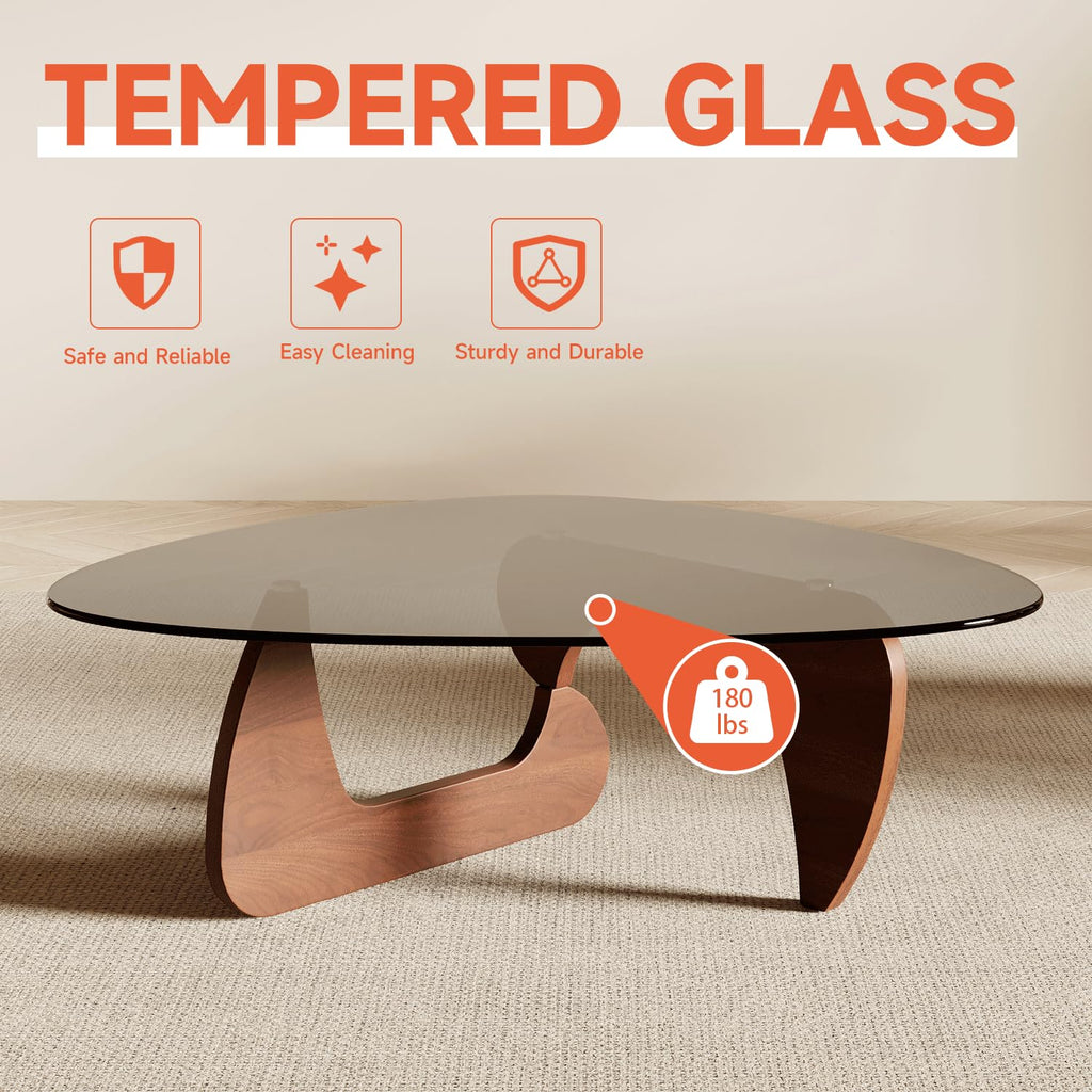 Modern Coffee Table and Small Spaces, 35.6" x 25.4" x 15.8" Triangle Tempered Glass Table Top and Solid Wood Base