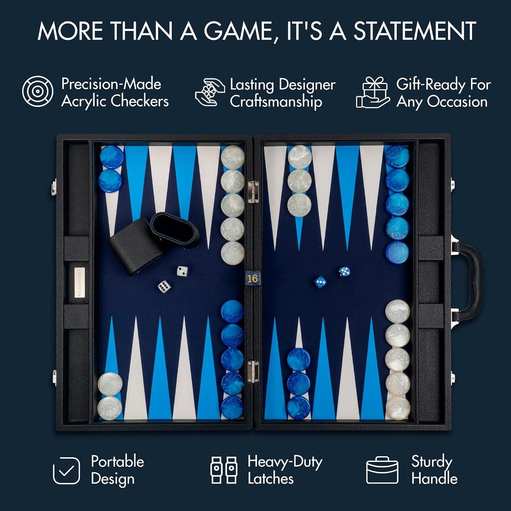 19 Inch Premium Backgammon Sets for Adults Leather Black - Blue. Premium 1.6 Inch Checkers & Dice Set, Travel