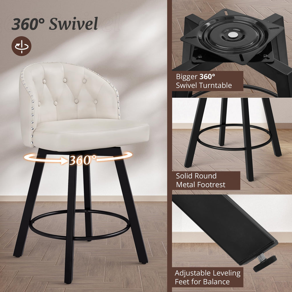 Counter Height Bar Stools Set of 6, 26" Swivel Faux Leather Upholstered Bar Stools with Backs and Metal Legs, Retro