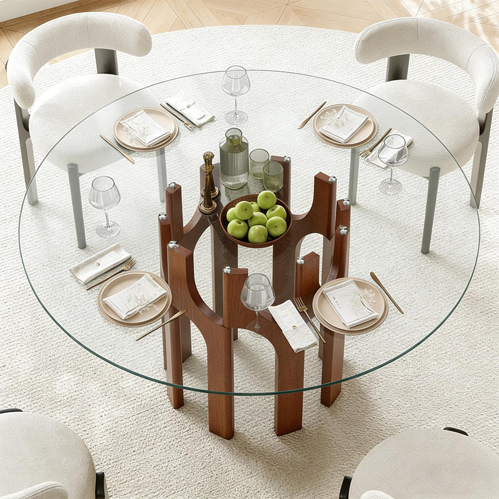 Round Glass Dining Table for 4-6, Modern 46-Inch Kitchen Table with Sturdy Pedestal Base & Clear Tempered Glass Top