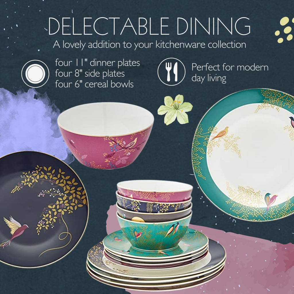 Chelsea 12 Piece Dinnerware Set - Fine China Plates & Bowls Featuring Vibrant Birds & Floral Art for Afternoon Tea or