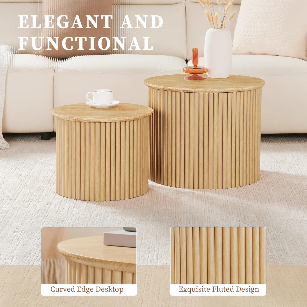 Round Nesting Coffee Table Set of 2, Small Fluted Coffee Table Circle Side Table, Boho Modern Wood Nesting Tables