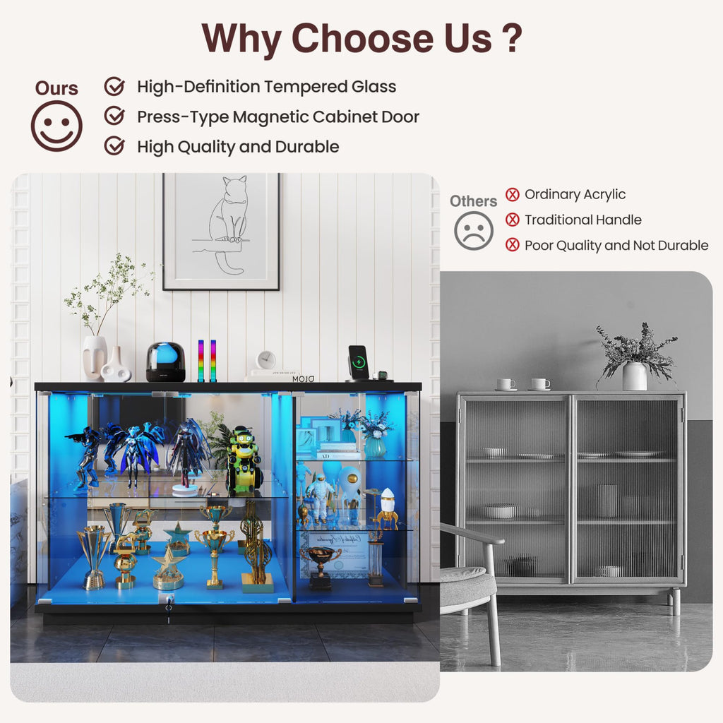 47.2" Lockable Glass Display Cabinet with Sensor & Charging Station, Black