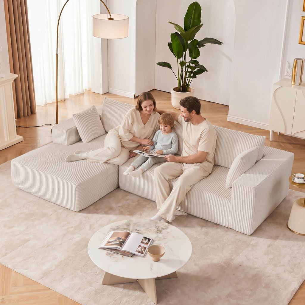 108" Boneless Couch with Chaise, Cloud Sectional Modular Sofa, Beige