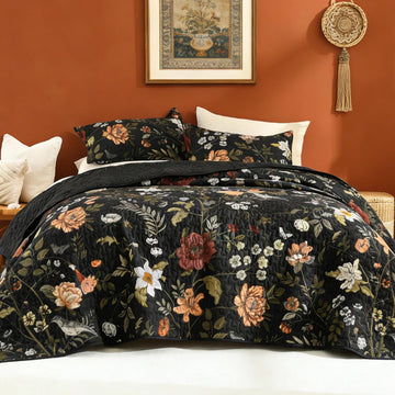Floral Black Quilt Queen - 3 Pieces Botanical Birds Pattern Quilt Bedding, Lightweight Soft Coverlet for All Seasons