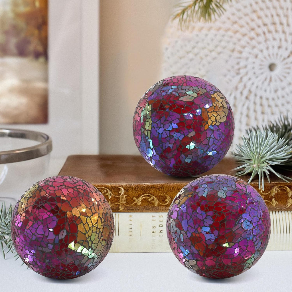 Mosaic Glass Orbs Decorative Balls 8.5cm/3.35inch Sphere Wedding Party Home Decor Table Centerpiece (Colorful - Set of 3
