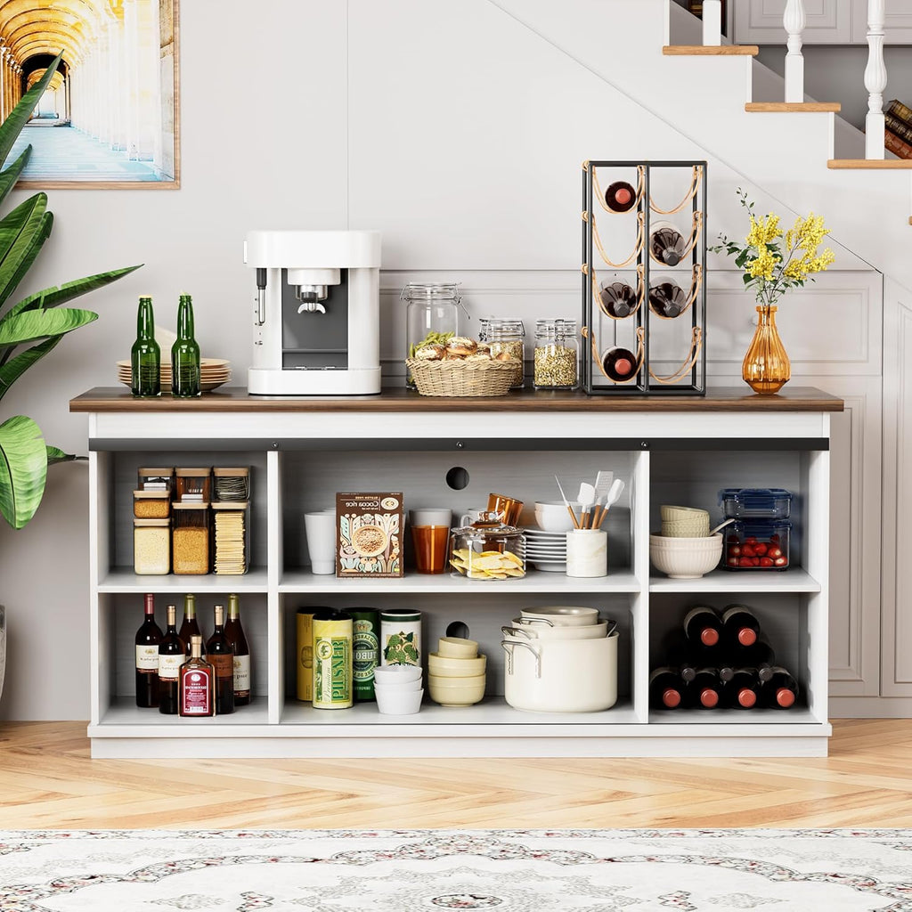 Farmhouse Sideboard Buffet Cabinet, Coffee Bar Storage with Sliding Barn Doors, Shelf for Home Dining Room, White