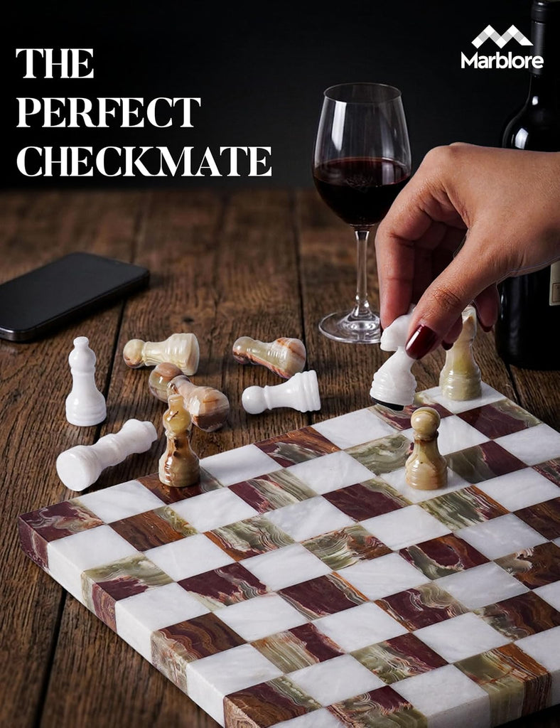 Marble Chess Set for Adults 10 Inch Handmade White and Green Luxury Decorative Chess Board with 32 Chess Pieces & 2 - Set of 34