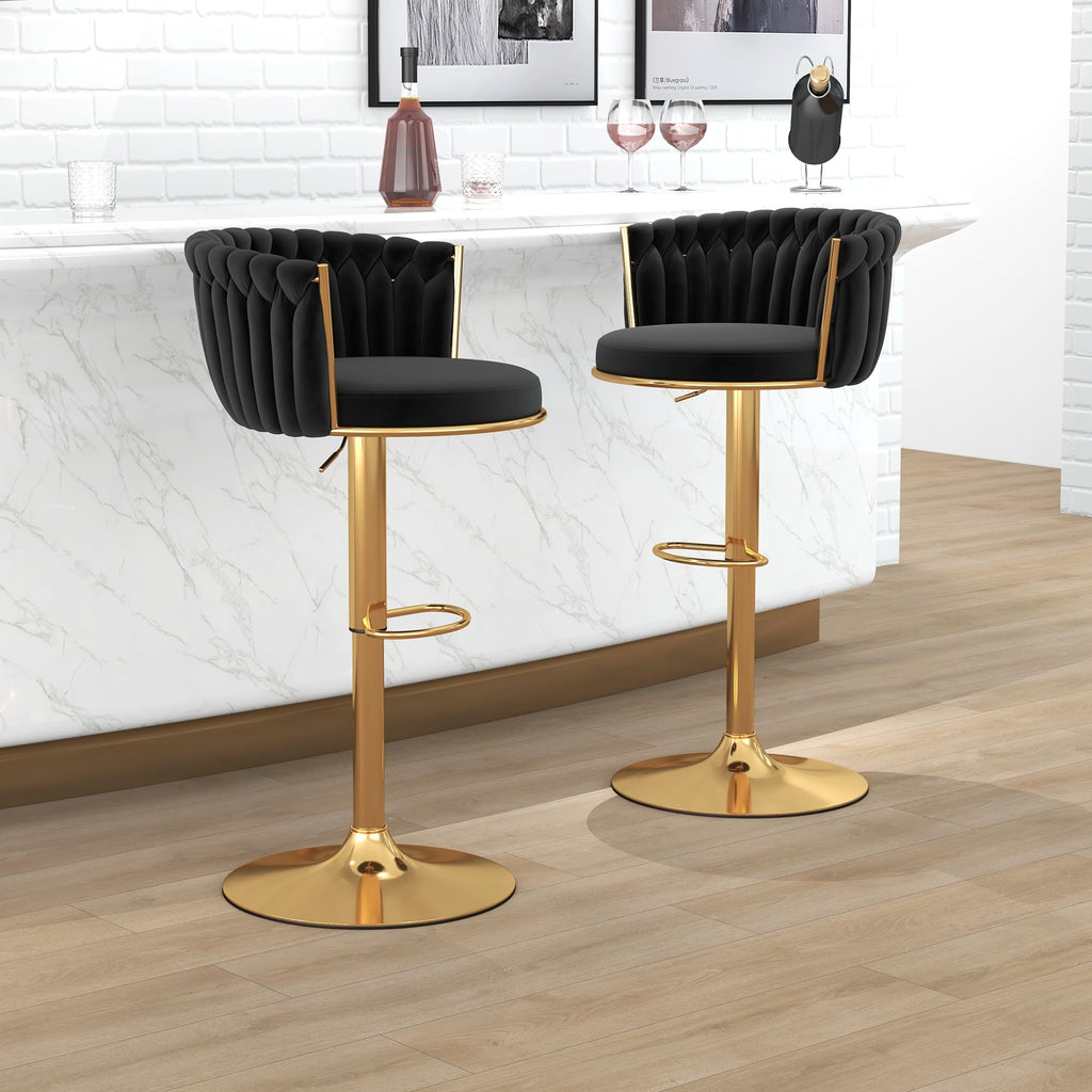 Black Gold Bar Stool Set of 2, Adjustable Height with Woven Backrest