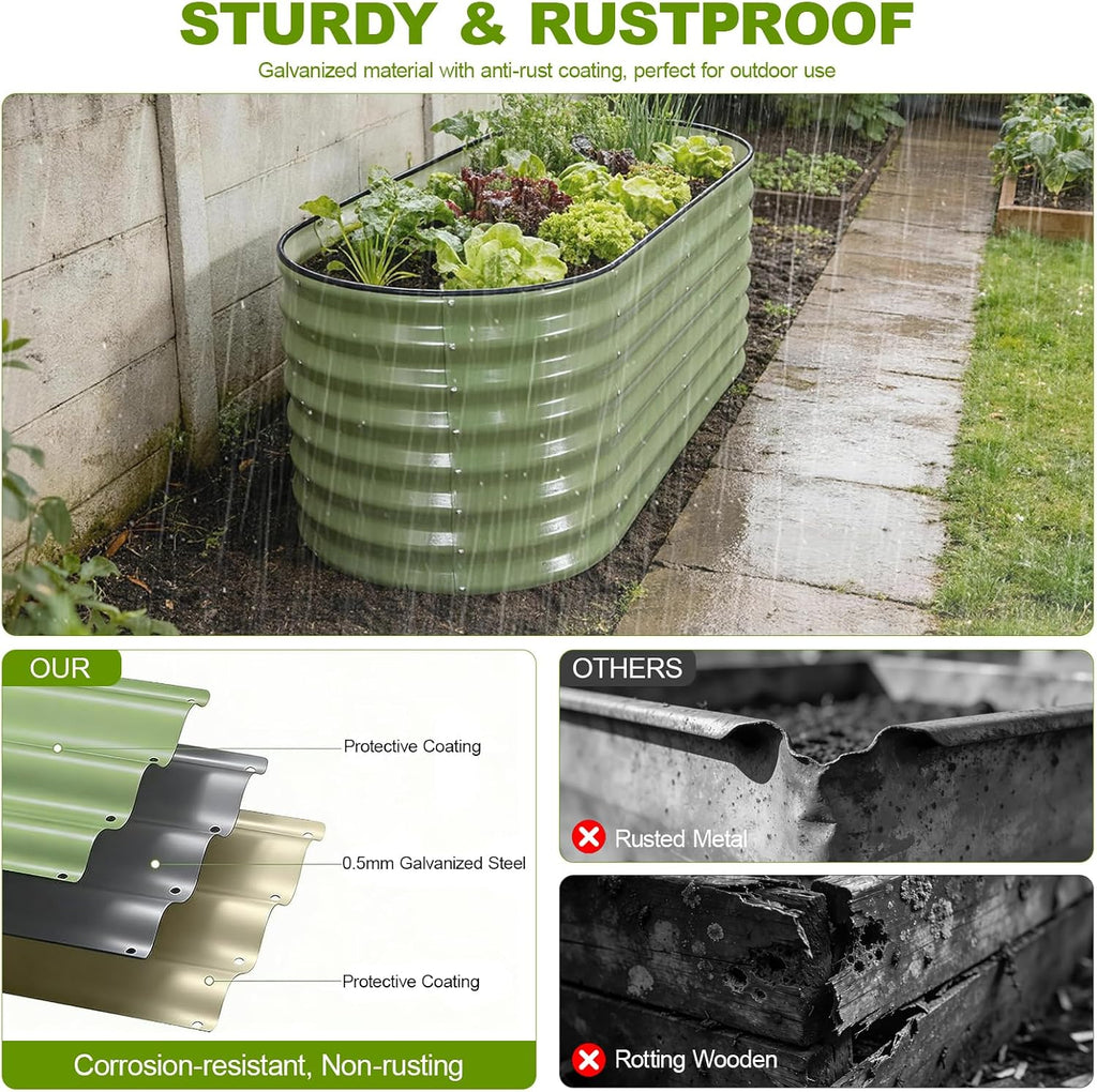 24" Tall Galvanized Raised Garden Bed Outdoor, 4x2x2ft, Green | Deep Metal Planter Box, Safety Edging, Support Bars