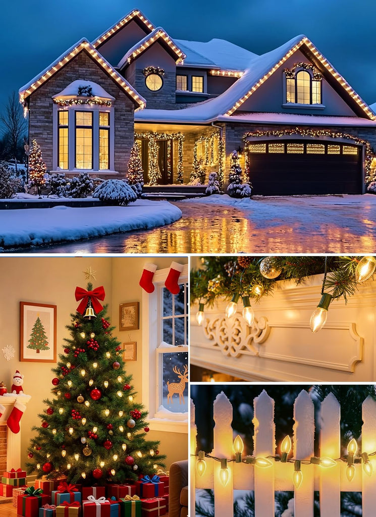 C9 LED Christmas String Lights Outdoor, 100FT 100+4 LED 2700K Warm White Waterproof C9 String Lights, Plug-in