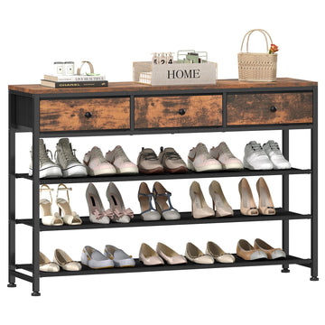4 Tier Shoe Rack with 3 Drawers & 3 Oxford Fabric Shelves, Holds 15-18 Pairs, Metal Shoe Storage with Wood Top, Shoe