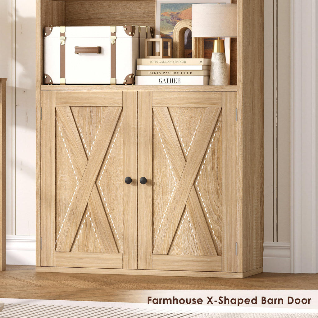 82" Tall Bookcase, Farmhouse Bookshelf with Doors, Light Oak