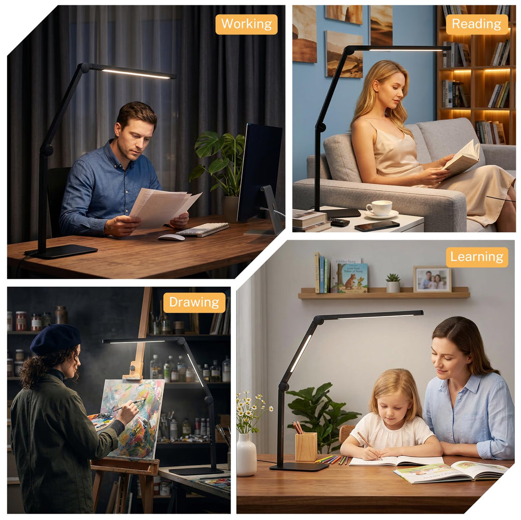 LED Desk Lamp with Base, Dimmable Eye Care Architect Desk Light, Adjustable Swing Arm Dual-Light Lighting