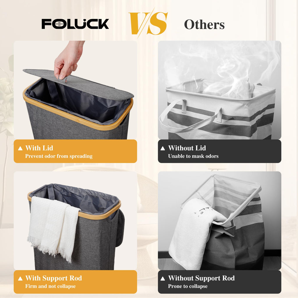 Slim Laundry Hamper, 60L Waterproof Narrow Laundry Basket with Lid and Removable Bag, Collapsible Tall Clothes Hamper