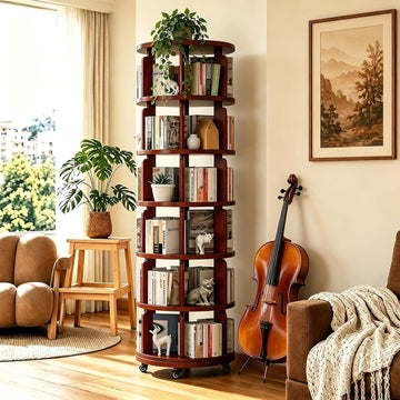 5 Tier 360° Rotating Solid Wood Bookshelf with Wheels, Lazy Susan Circular Spinning Revolving Corner Bookcase