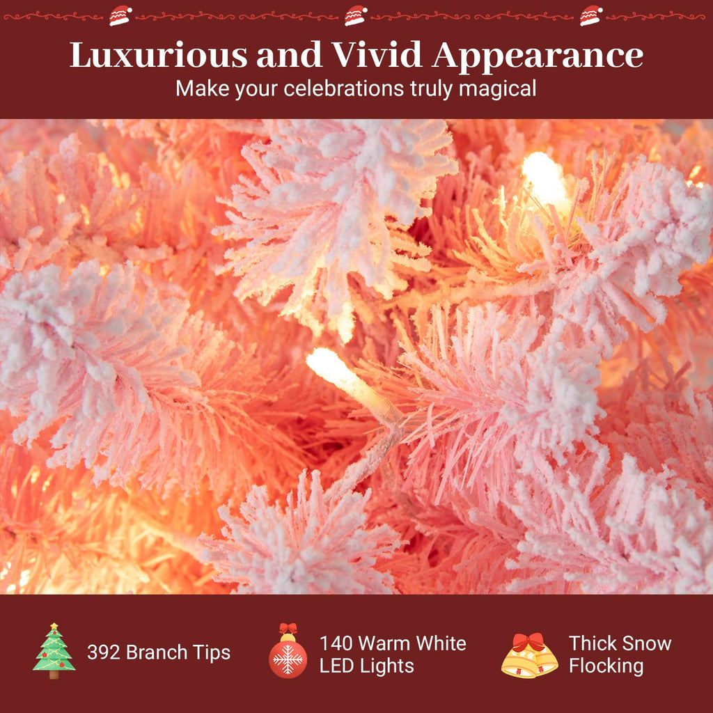 6ft Pink Flocked Christmas Tree, Pre-lit Slim Pencil Xmas Tree