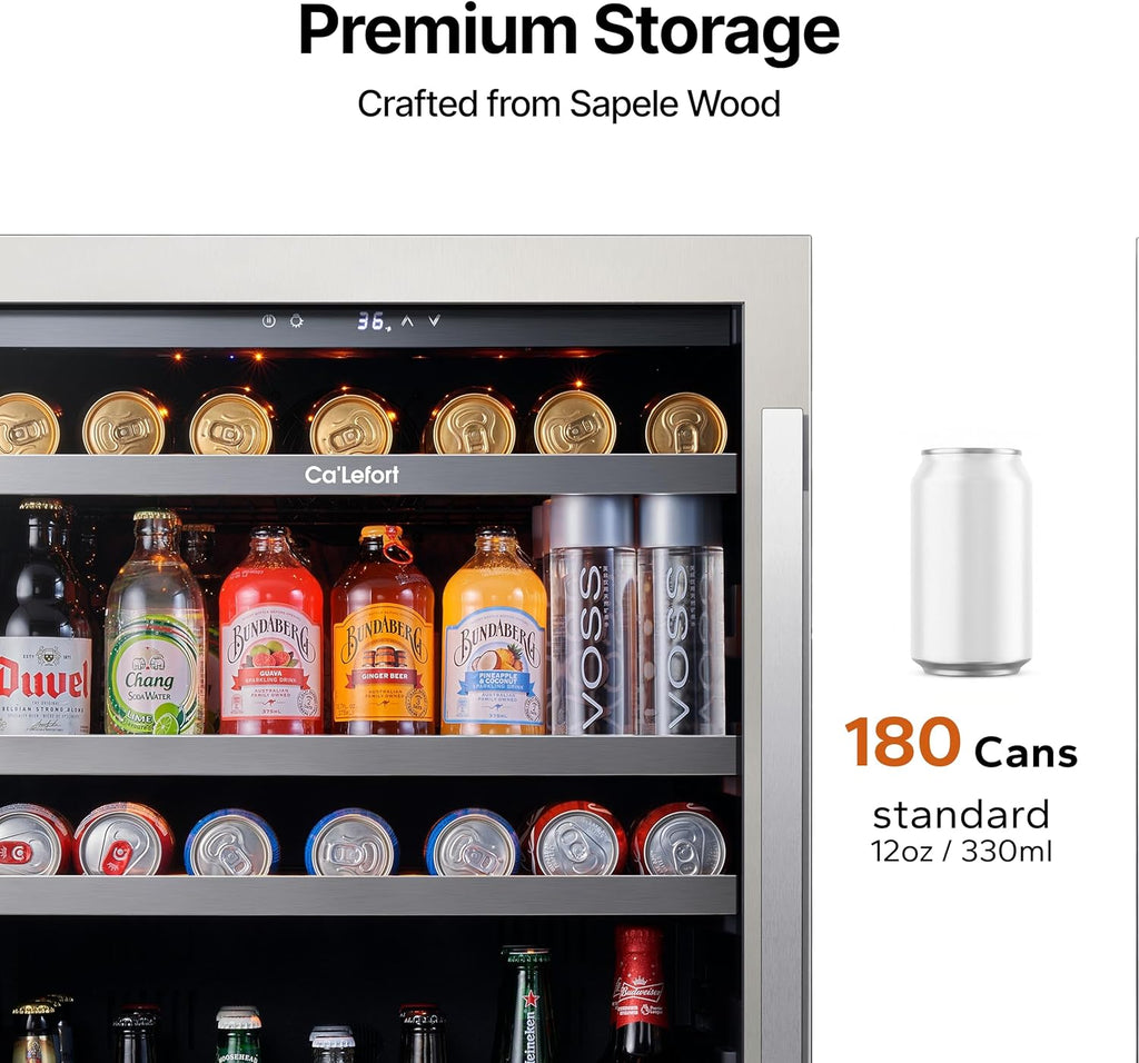Beverage Refrigerator 24 Inch, 180 Cans Mini Fridge with Double Glass Door, Buil