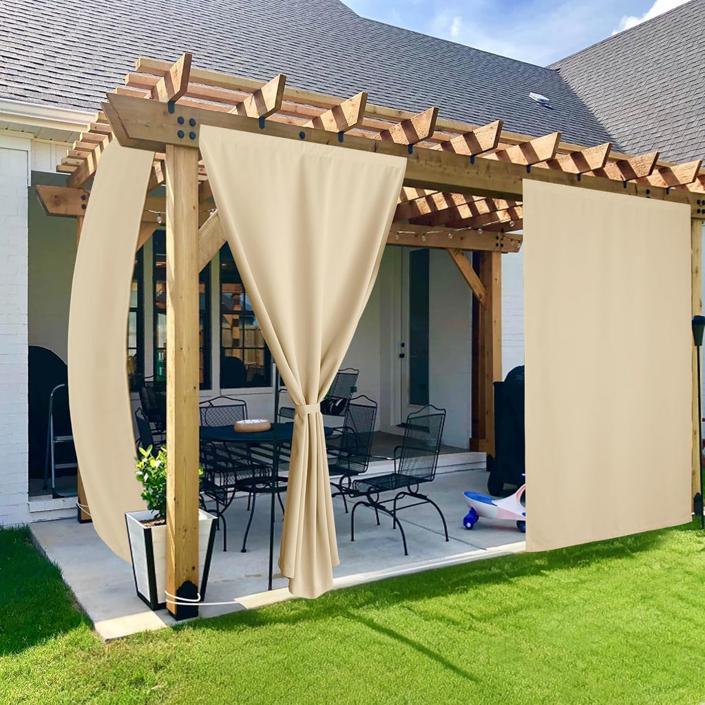 2 Panels Rod-Free Outdoor Curtains Waterproof Sticky Top | Back Tab Bottom with Free Rope for Wind Resistance