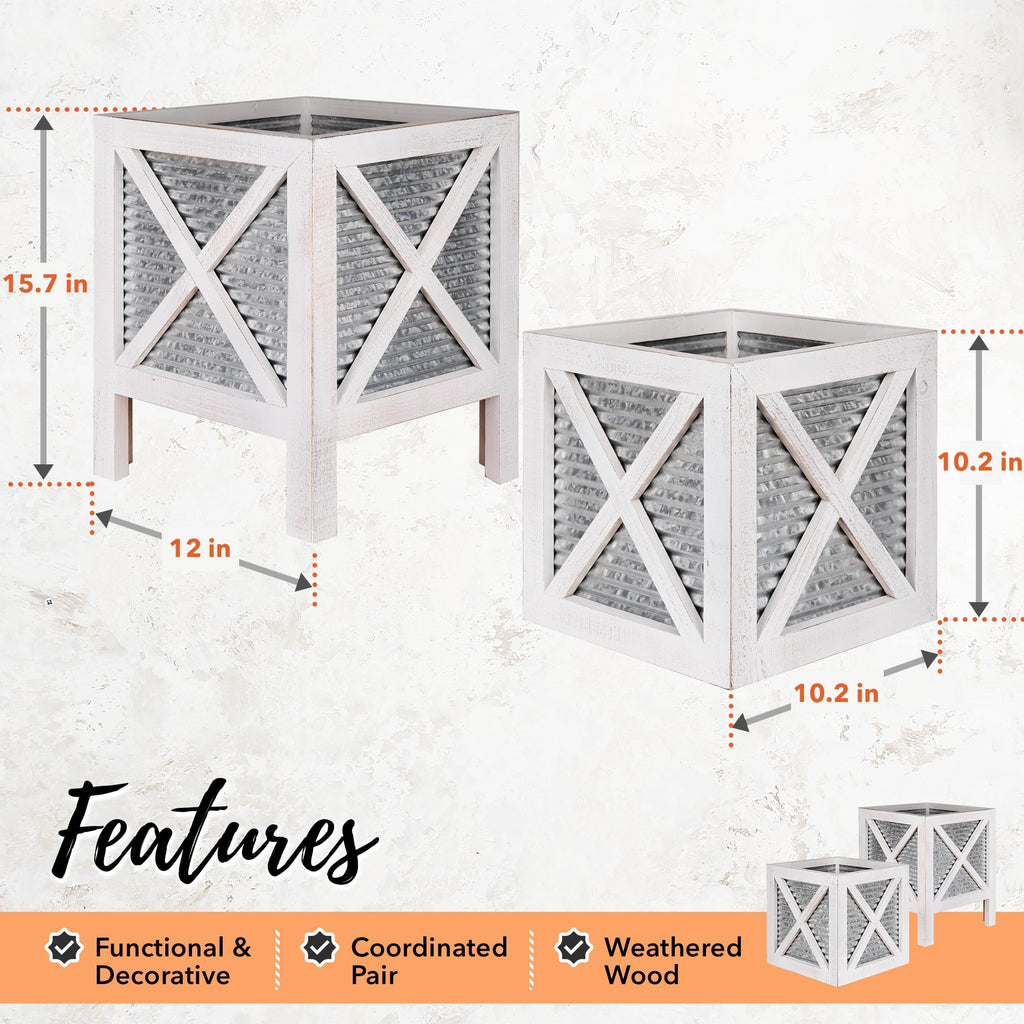 Farmhouse Front Porch Planters Set of 2 Stand with Galvanized Corrugated Metal Planter for Outdoors/Indoors - Rustic
