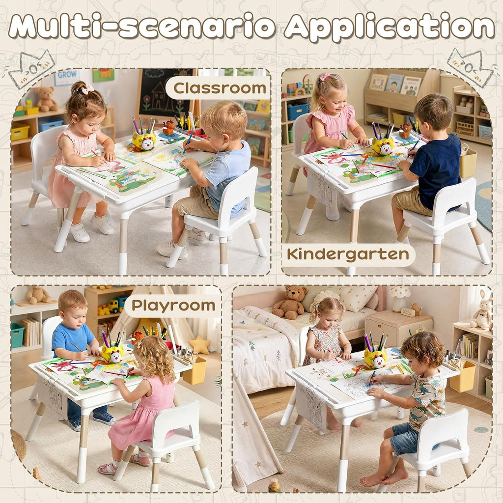 Kids Table and Chair Set with Storage, 6 in 1 Height Adjustable Toddler Table and 2 Chair Set, Toddler Kids Activity