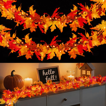Fall Decorations 18 FT Pre-lit Fall Garland with 100 LED Orange Lights, 8 Lighting Modes, Timer, Battery Operated
