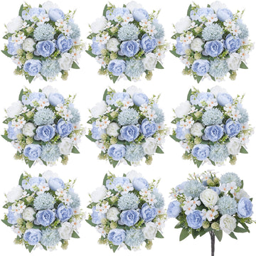 12 Pcs Blue White Artificial Peony Flower Decoration