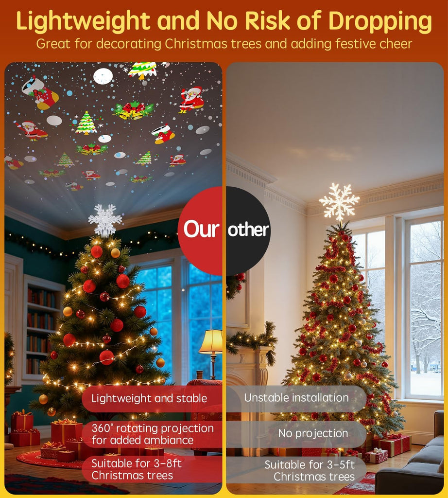 Tree Topper Lighted Decorations, Built-in Led 360° Rotating Projector Lights, Silver Spangles Plug in for Indoor Home