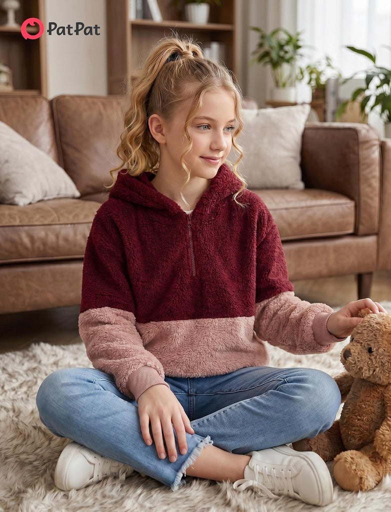 Girls Fuzzy Hoodie Quarter Zip Sweatshirt