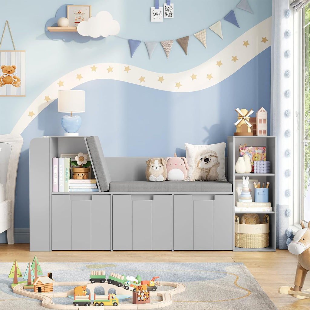 61.5" Kids Reading Nook with 3-Layer Bookshelf, Reading Nook for Kids with Double Bench and Rolling Drawers