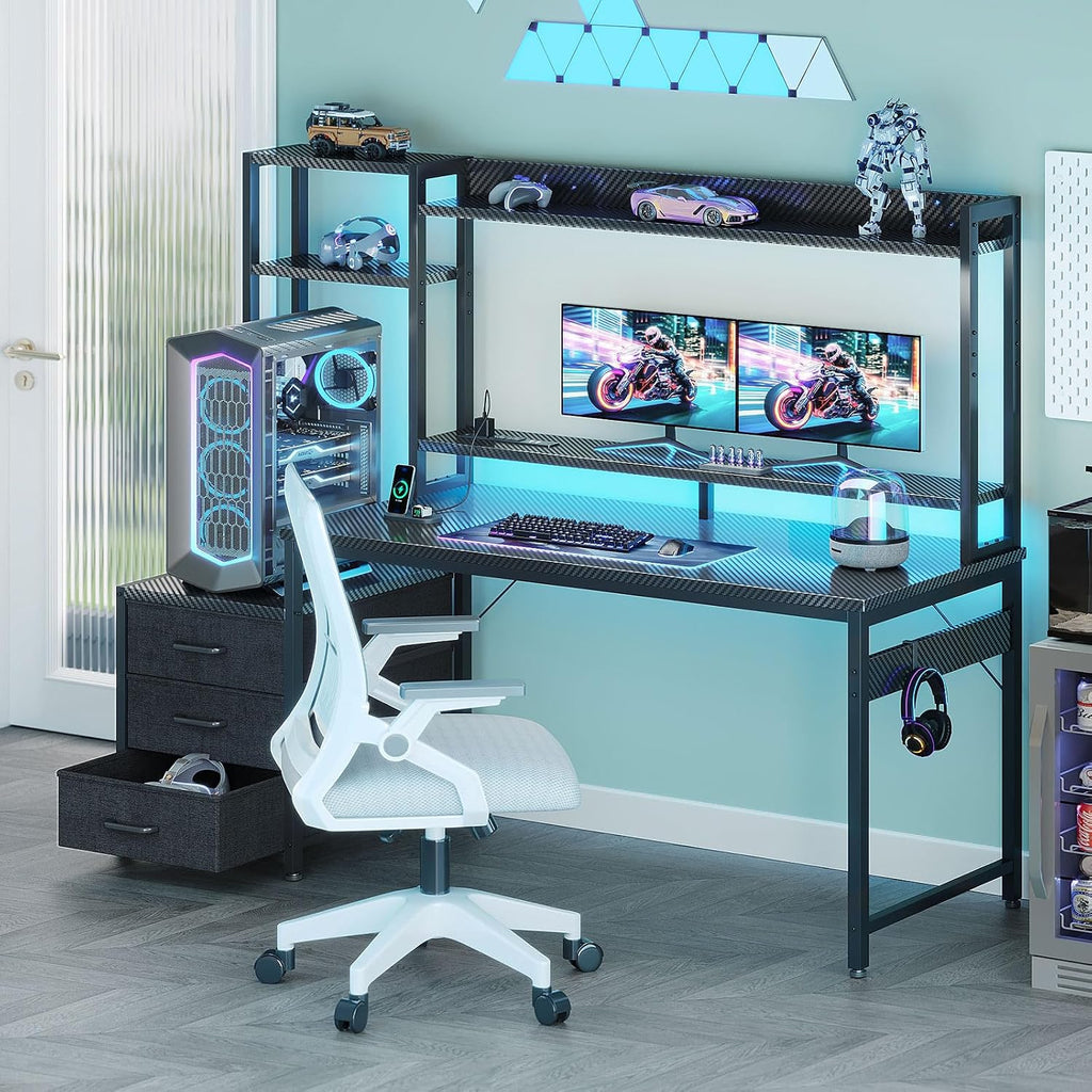55 Inch Gaming Desk with Hutch & LED Lights & PC Tower Stand | Reversible PC Desk with 3 Fabric Drawers & Power