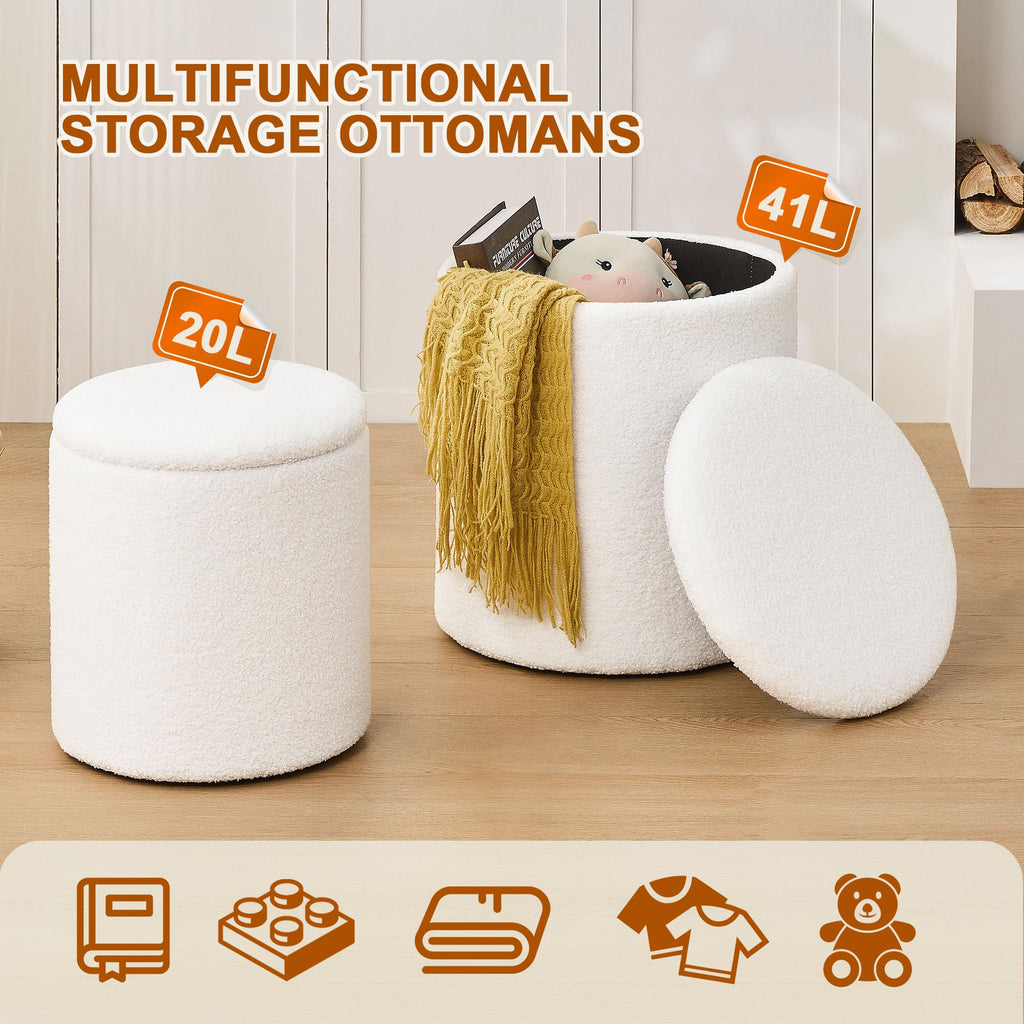 Round Set of 2 Ottoman with Storage, Boucle Storage Ottoman Foot Stool